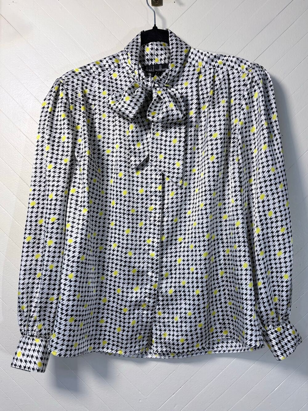 Vintage David Matthew Black and Yellow Houndstooth Tie Neck Blouse Women's 10